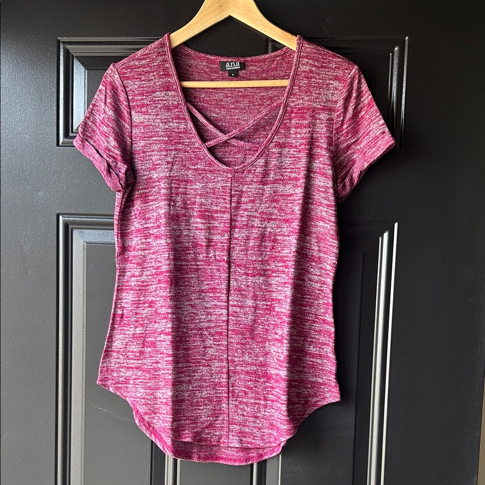 a.n.a Dark Pink Space-Dye Crisscross V-Neck Short Sleeve Top